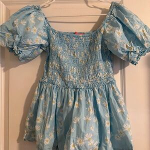 Simply Southern Blue Daisy Print Smocked Off-Shoulder Top M Cotton Scalloped Hem